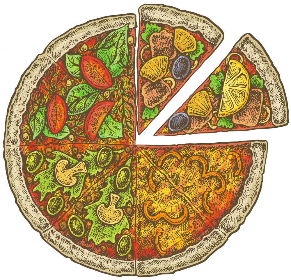 Detailed pizza illustration with various toppings including mushroom, capsicum, tomatoes & spinach